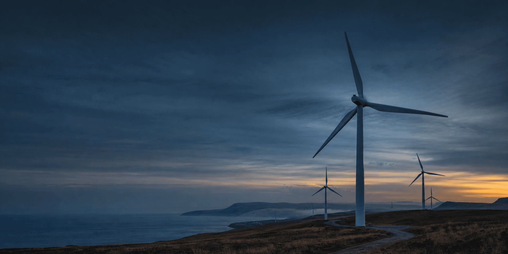 Utility-scale wind turbines across coastal hills at blue hour